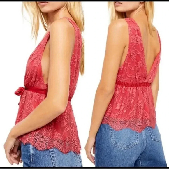Free People Burnt Red Chante Lace Tank Top Frenchie Kiss Deep V NWT small - Picture 6 of 12